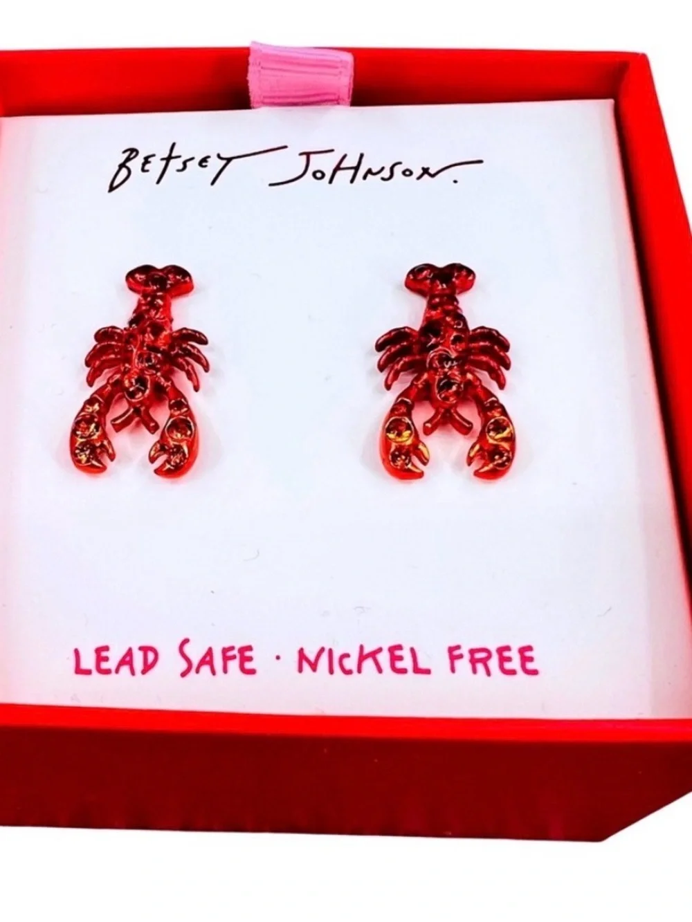 Betsey Johnson Lobster Stud Earrings Red Crystal NWT Gift Box Beachy